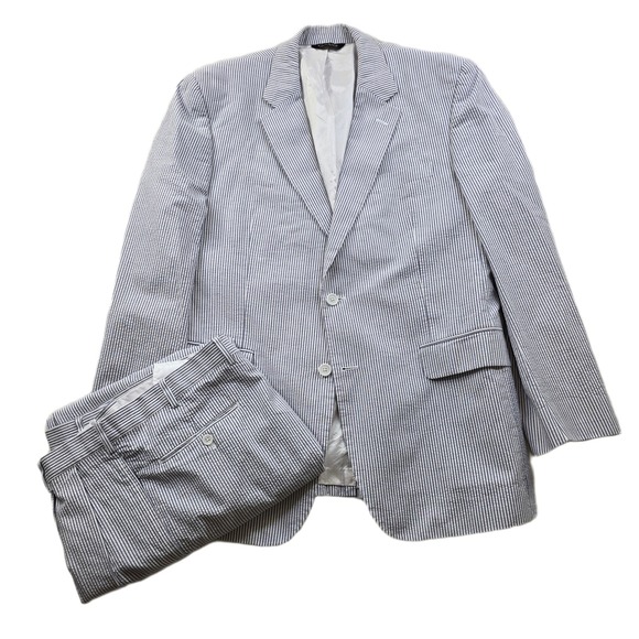 JoS A Bank Seersucker Suit Mens 44R 2 Piece Pants 38x28 Blue White Stays Cool